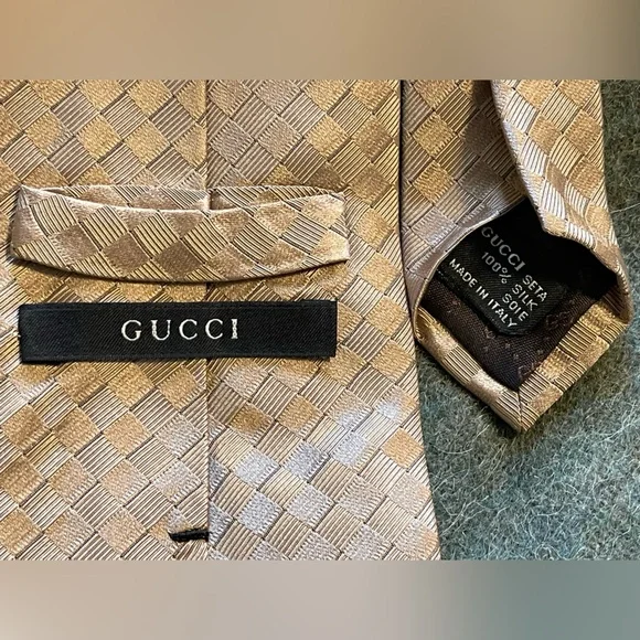 Authentic Gucci Silk Tie Tom Ford Era Champagne Taupe Basketweave 100% Silk - Picture 3 of 4
